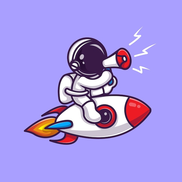 Vector astronaut riding rocket with megaphone cartoon vector icon illustration. science technology icon concept isolated premium vector. flat cartoon style