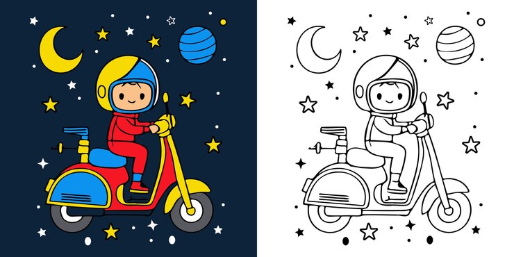 Vector スクーターに乗っている宇宙飛行士宇宙の漫画イラスト
