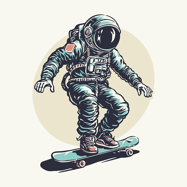 Un astronauta in sella a un'illustrazione vintage in stile cartone animato da skateboard