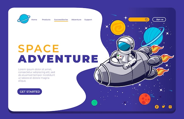 Vector astronaut riding a space rocket landing page