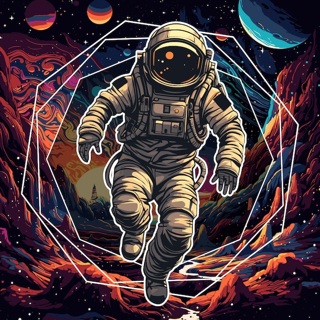 Astronaut running over the planet mars with a modern and futuristic vector style