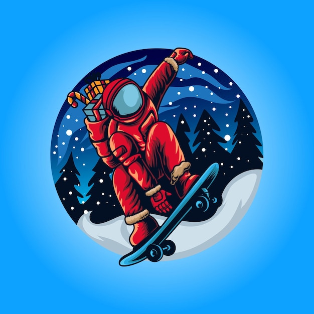 Vector astronaut santa skateboarding under snowfall illustration