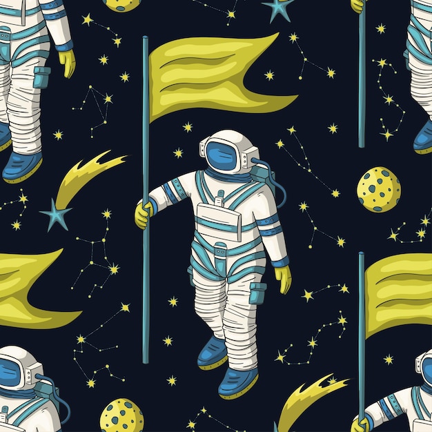 Astronaut seamless space vector pattern