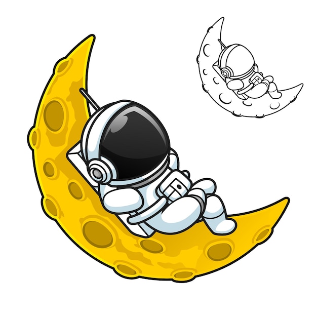 Astronaut Sitting on The Crescent Moon with Black and White Line Art Drawing