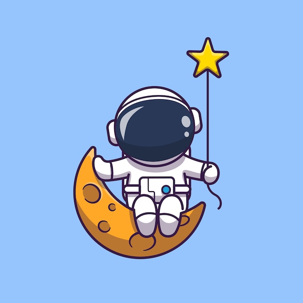 Астронавт, сидя на Луне значок иллюстрации. Spaceman Mascot Мультипликационный персонаж. Наука Иконка Концепция Изолированные