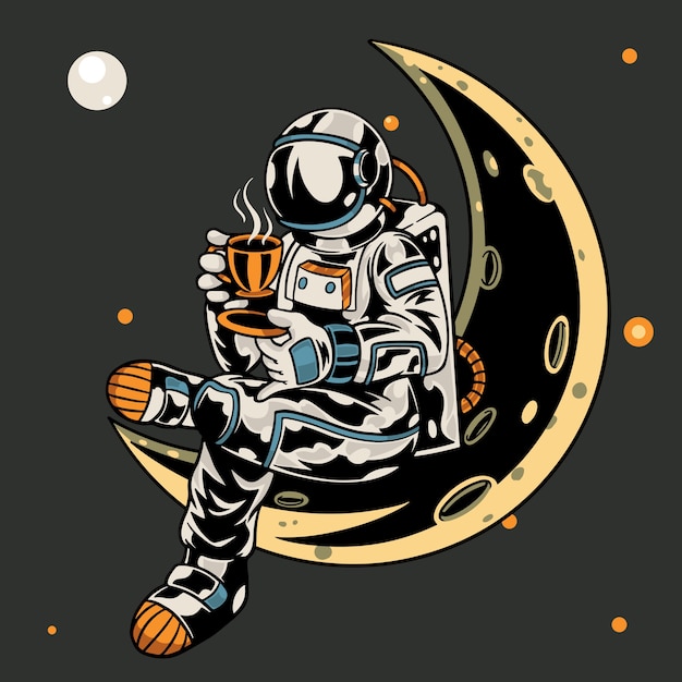 Astronauta seduto sulla luna mentre si tiene una tazza di caffè