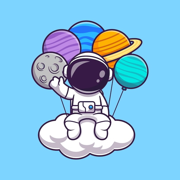 Астронавт сидит на облаке с планетой шар мультфильм векторные иллюстрации значок. концепция значок технологии науки изолированные premium векторы. плоский мультяшном стиле