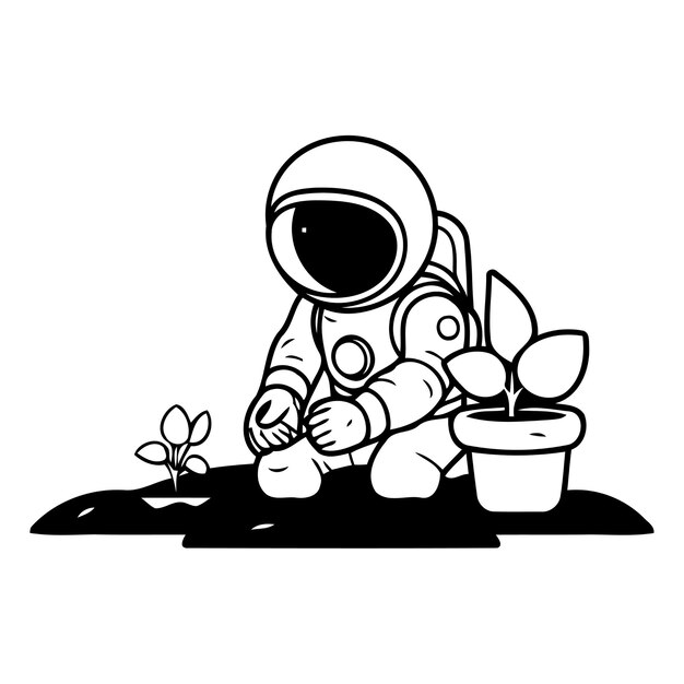 ベクトル 地面に座って植物を見ている宇宙飛行士ベクトルイラスト