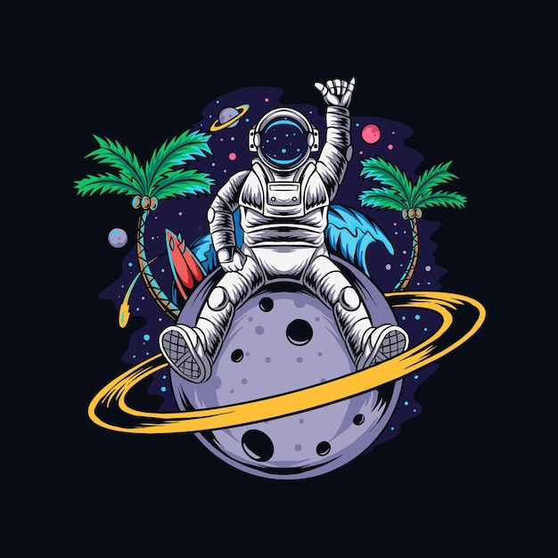宇宙空間にココナッツの木と夏のビーチを含む惑星土星に座っている宇宙飛行士