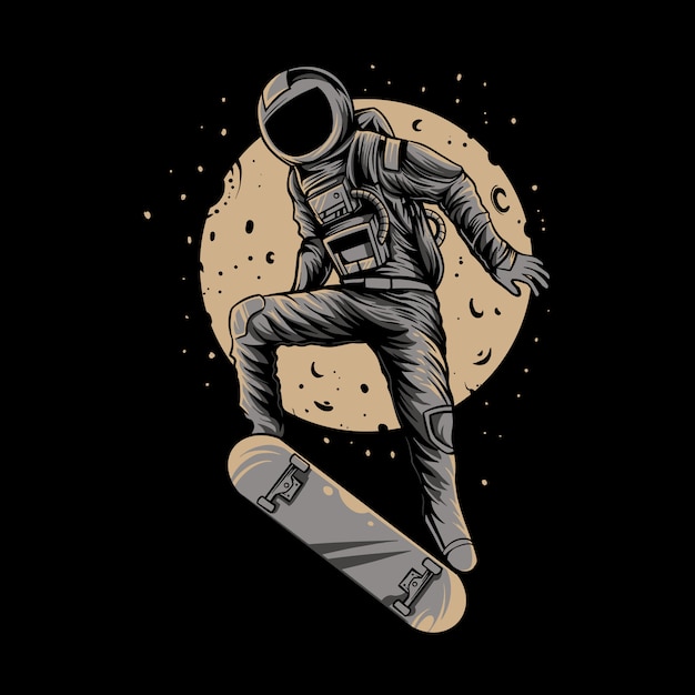 Skateboard astronauta sullo spazio con la luna