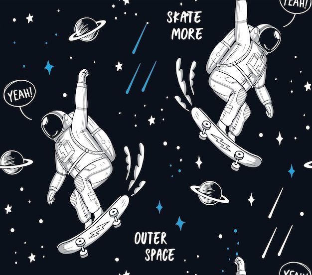 Astronaut skateboarding in de ruimte naadloos patroon Vector illustraties voor t-shirt prints posters