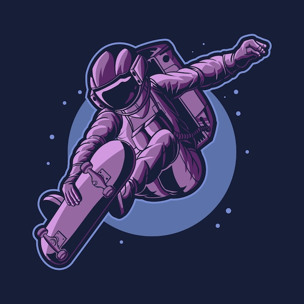 Vector astronaut skateboarding on space with moon background