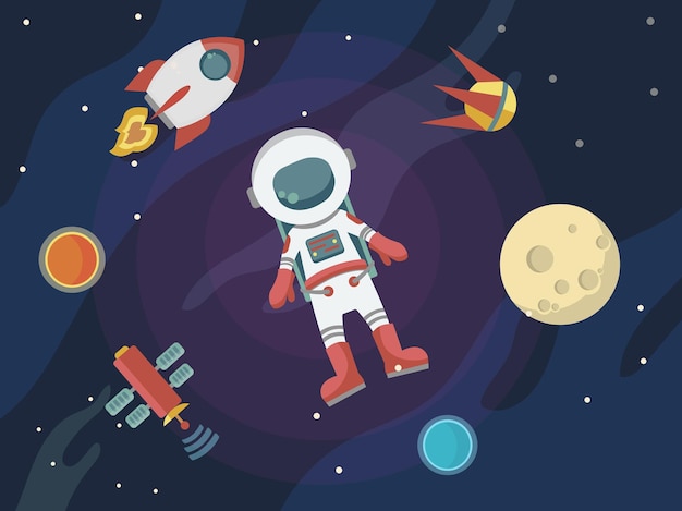 Astronaut in space against the background of stars and planets vector illustration