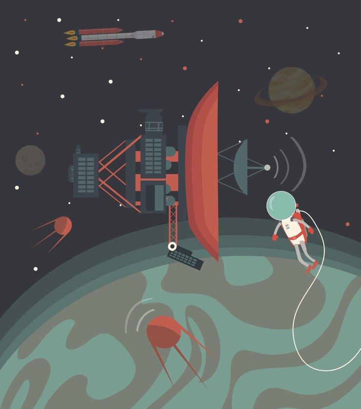 Vector astronaut in space against the background of stars and planets vector illustration