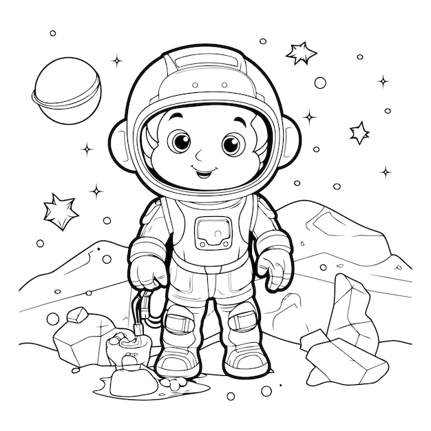 Vector astronaut in space coloring book for children