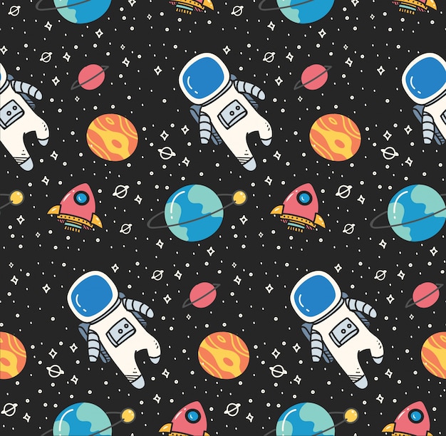 Vector astronaut in space seamless background in kawaii style