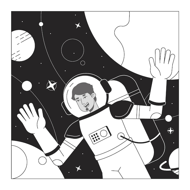 Astronaut in space suit bw concept vector spot illustration Arabian man exploring space 2D cartoon flat line monochromatic character for web UI design Editable isolated outline hero image