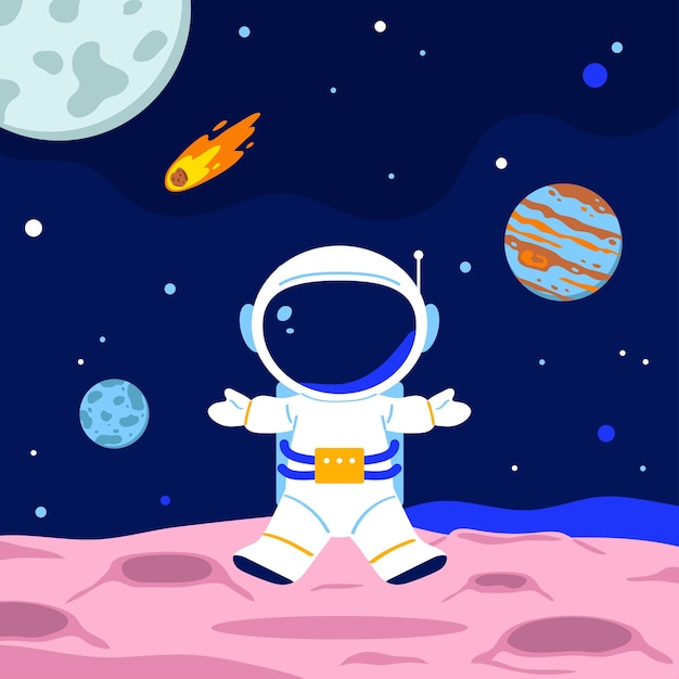 Vector astronaut in a space suit on the planet travel in spaceflat vector illustration