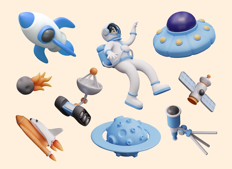 Vector スペーススーツを着た宇宙飛行士 シャトル ufo 惑星 彗星 ロケット 望遠鏡 衛星 ローバー