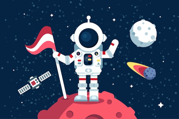 Astronaut in space suit standing on moon with flag