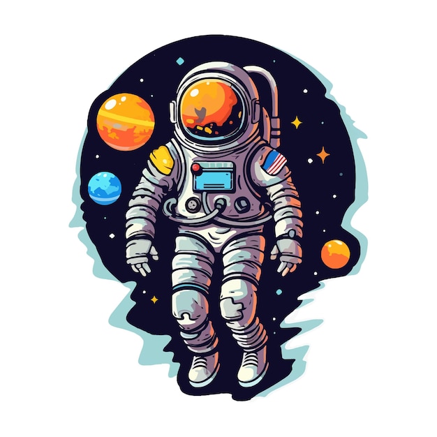 スペーススーツを着た宇宙飛行士が惑星に囲まれてベクトルアート漫画スタイルのイラストステッカーイラスト