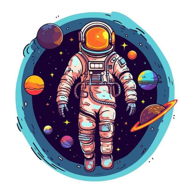 An astronaut in a space suit surrounded by planets vector art cartoon style illustration sticker illustration