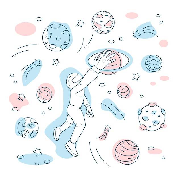 an astronaut in space surrounded by planets