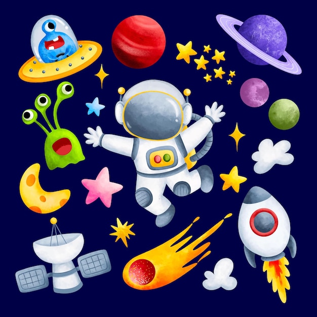 Astronaut and Space Watercolor Clipart Set