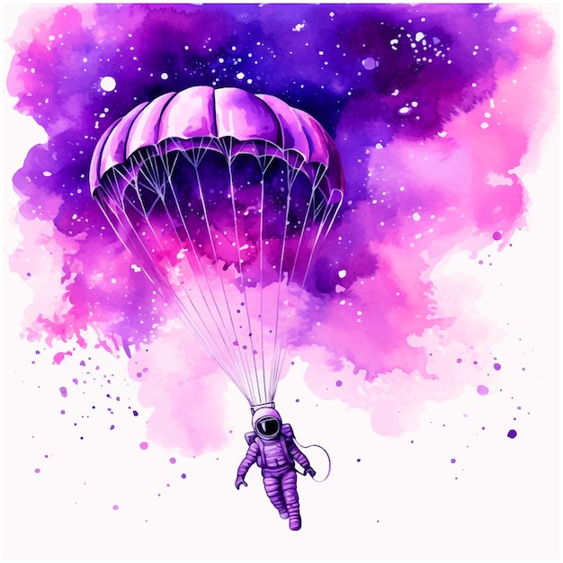 Astronaut in space with a parachute watercolor paint