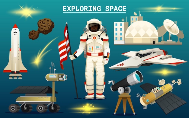 Vector astronaut spaceman planets in solar system astronomical galaxy cosmonaut explore adventure