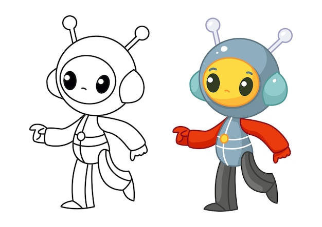 An astronaut in a spacesuit is dancing Set with coloring book and color example Happy cute alien