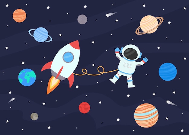 Astronauta in tuta spaziale accanto a un razzo sullo sfondo del cielo stellato e dei pianeti