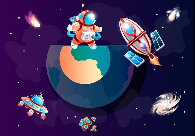 惑星に立つ宇宙服を着た宇宙飛行士 宇宙のロケット 銀河を旅する