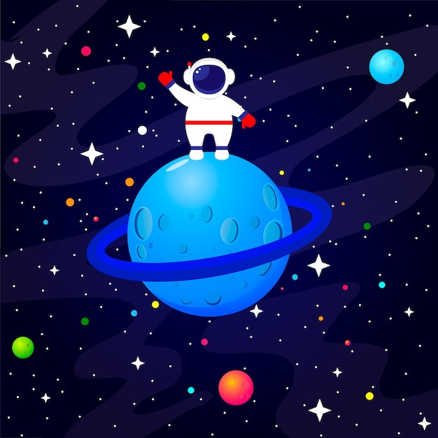 Astronaut staande op een planeet in de ruimte Leuke cartoon vectorillustratie