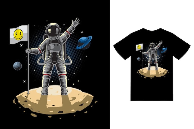 Astronauta in piedi con bandiera sulla luna illustrazione con tshirt design premium vector