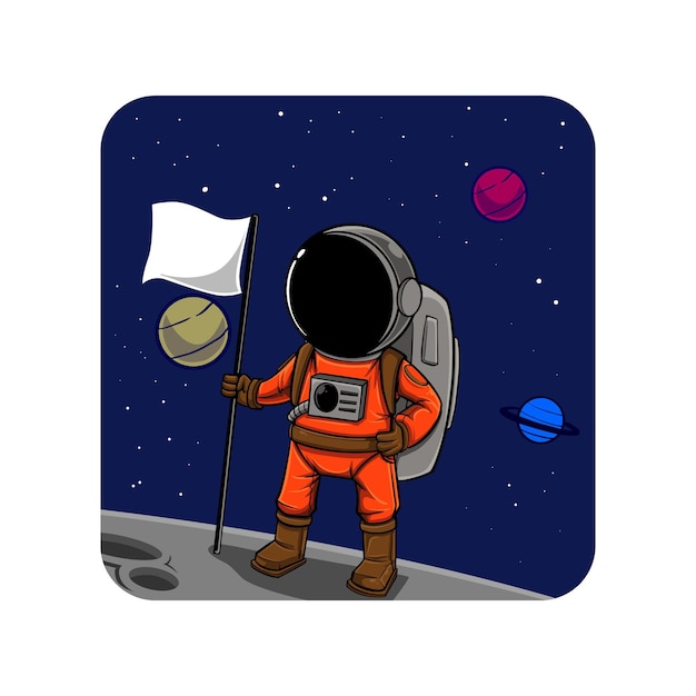 Vector astronaut standing on the moon holding a flag