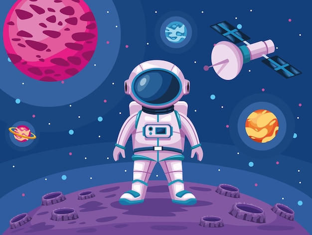 Astronaut standing in moon with satellite space universe scene illustration