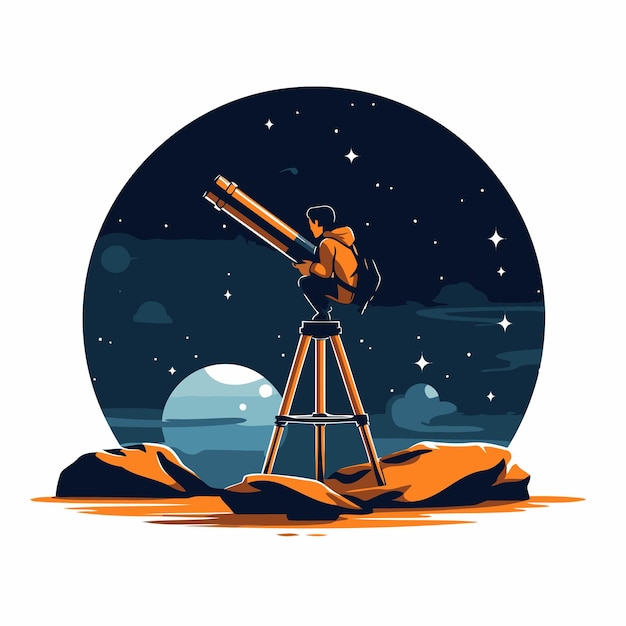 Вектор Астронавт стоит на штативе и смотрит через телескоп векторная иллюстрация