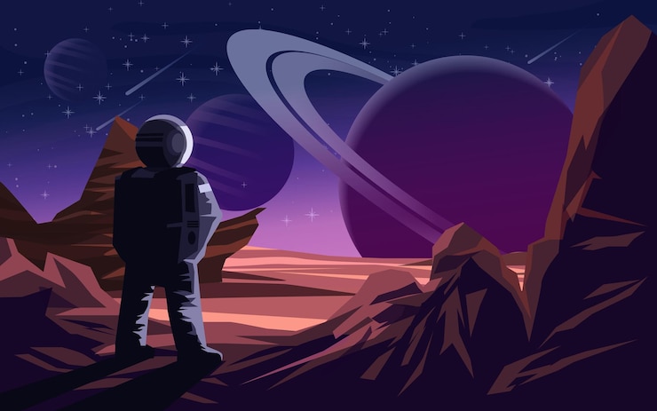 Vector astronaut standing on a planet's mountain