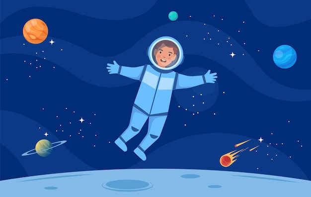 Astronaut stripfiguur in ruimtepak Astronaut Kid Cartoon Boy draagt astronaut