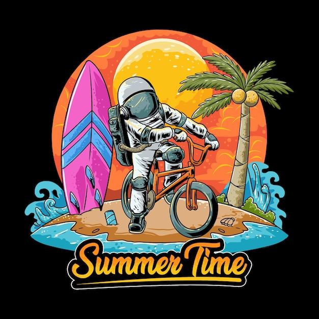 Vector astronaut summer on bmx bike in space