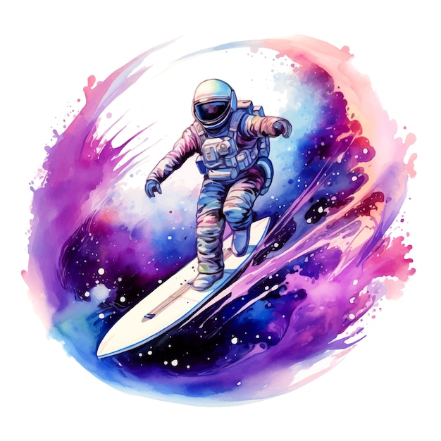 Astronaut surfing in galaxy space watercolor paint