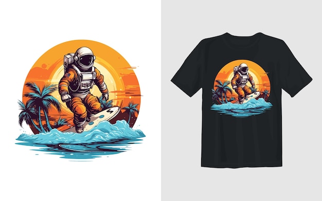 Astronaut Surfing on a summer beach vector cartoon illustration Astronaut Surfing t shirt design