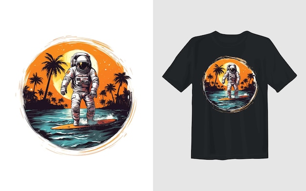 夏のビーチでサーフィンする宇宙飛行士ベクトル漫画イラスト宇宙飛行士サーフィン t シャツ デザイン