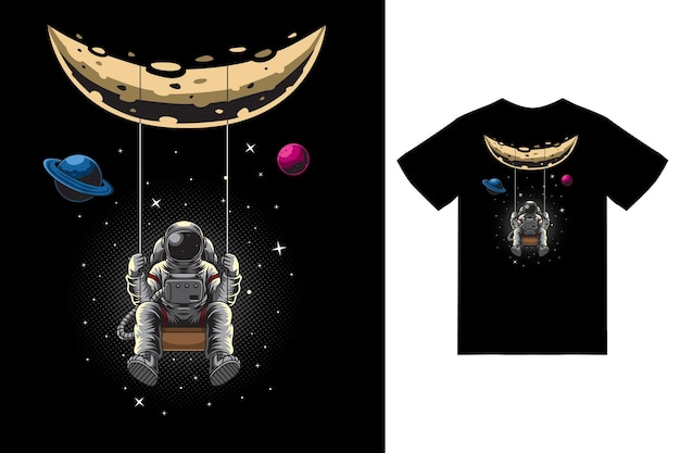 Astronauta che oscilla sulla luna illustrazione con tshirt design premium vector