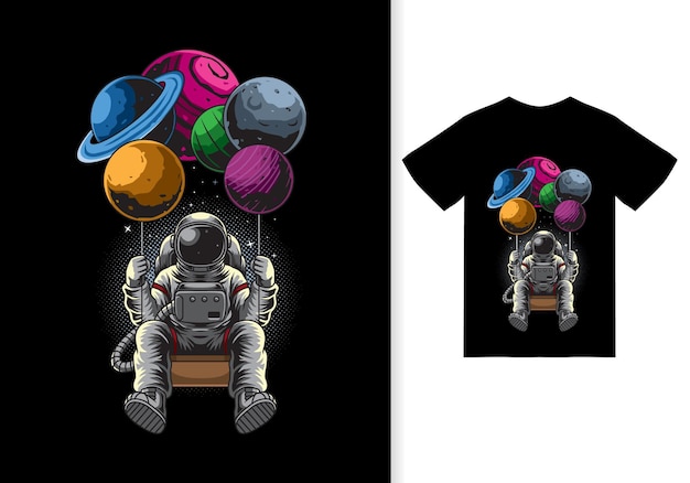 Illustrazione di cartone animato di pianeti oscillanti astronauta con tshirt design premium vector