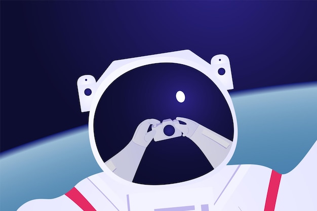Vector astronaut taking selfie on the earth background spaceman travel around the blue planet