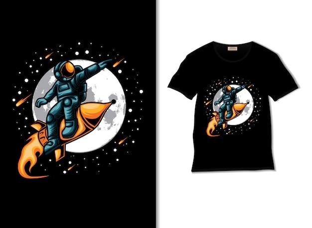 Tシャツのデザインでロケットのイラストと月への宇宙飛行士