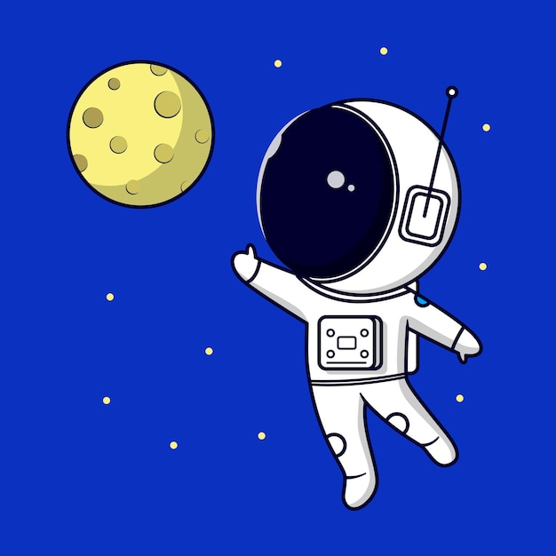 Astronaut trying to reach the moon on blue universe background cartoon