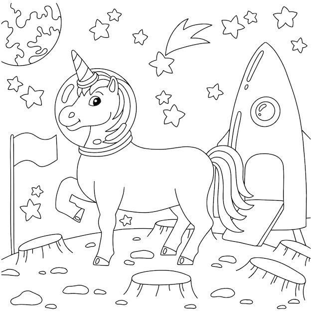 Vector astronaut unicorn landed on another planet coloring book page for kids